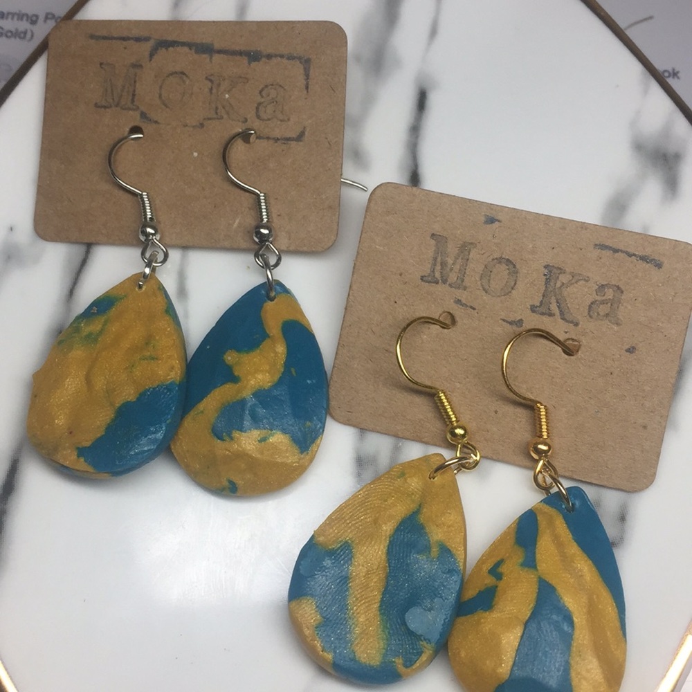 Handmade Polymer Clay Earrings Blue/Gold Teardrop